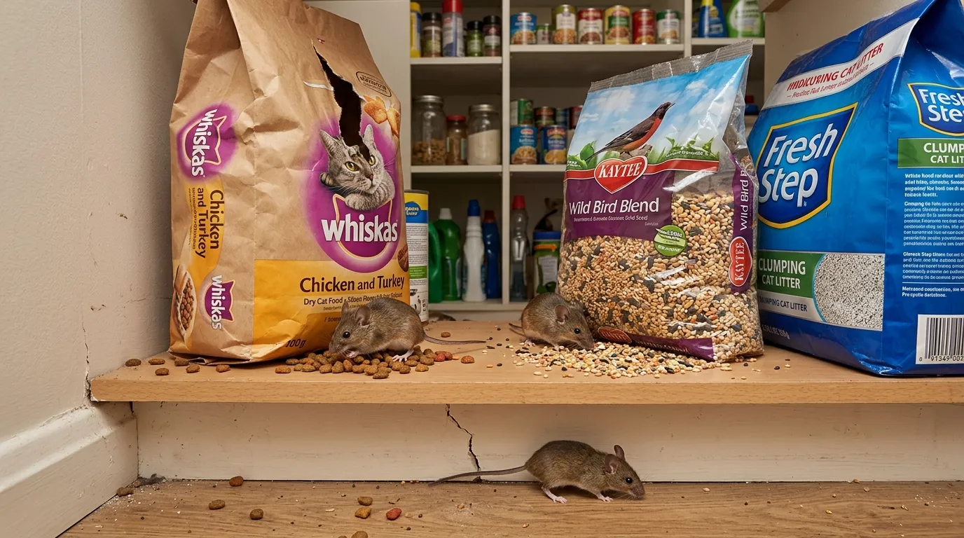Croquettes, graines et litière : les réserves pour animaux qui attirent les souris