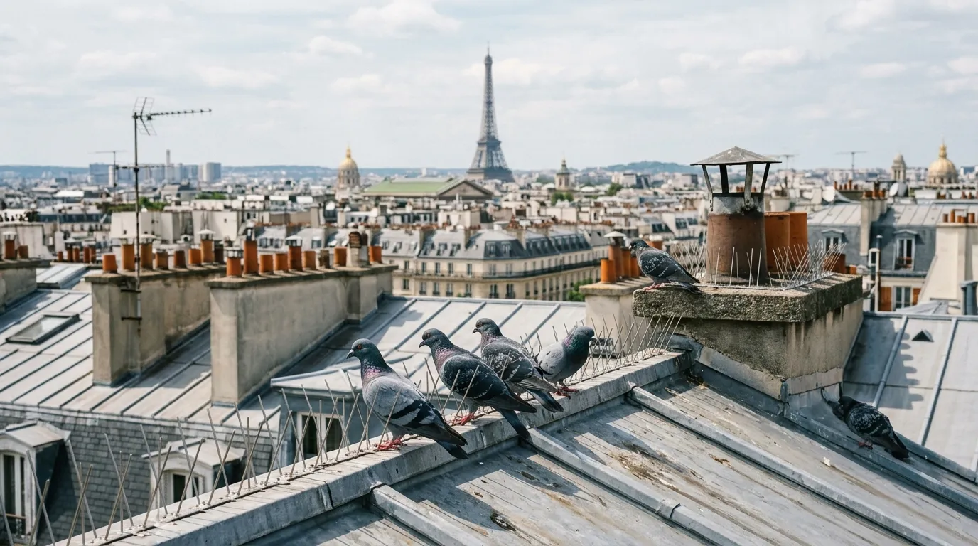 Pigeons sur la toiture d'un immeuble parisien : nuisances et solutions légales de dépigeonnage