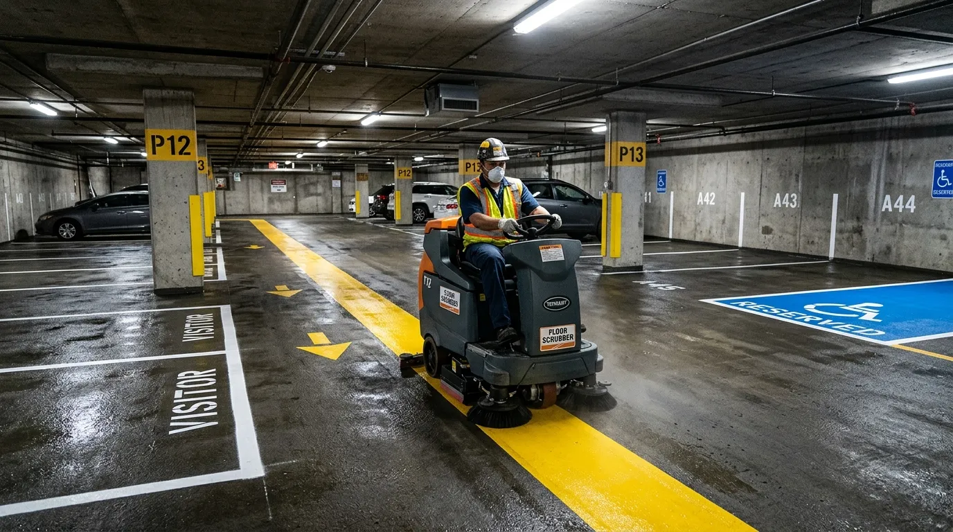 Nettoyage d'un parking souterrain en copropriété : dégraissage, odeurs et marquage au sol