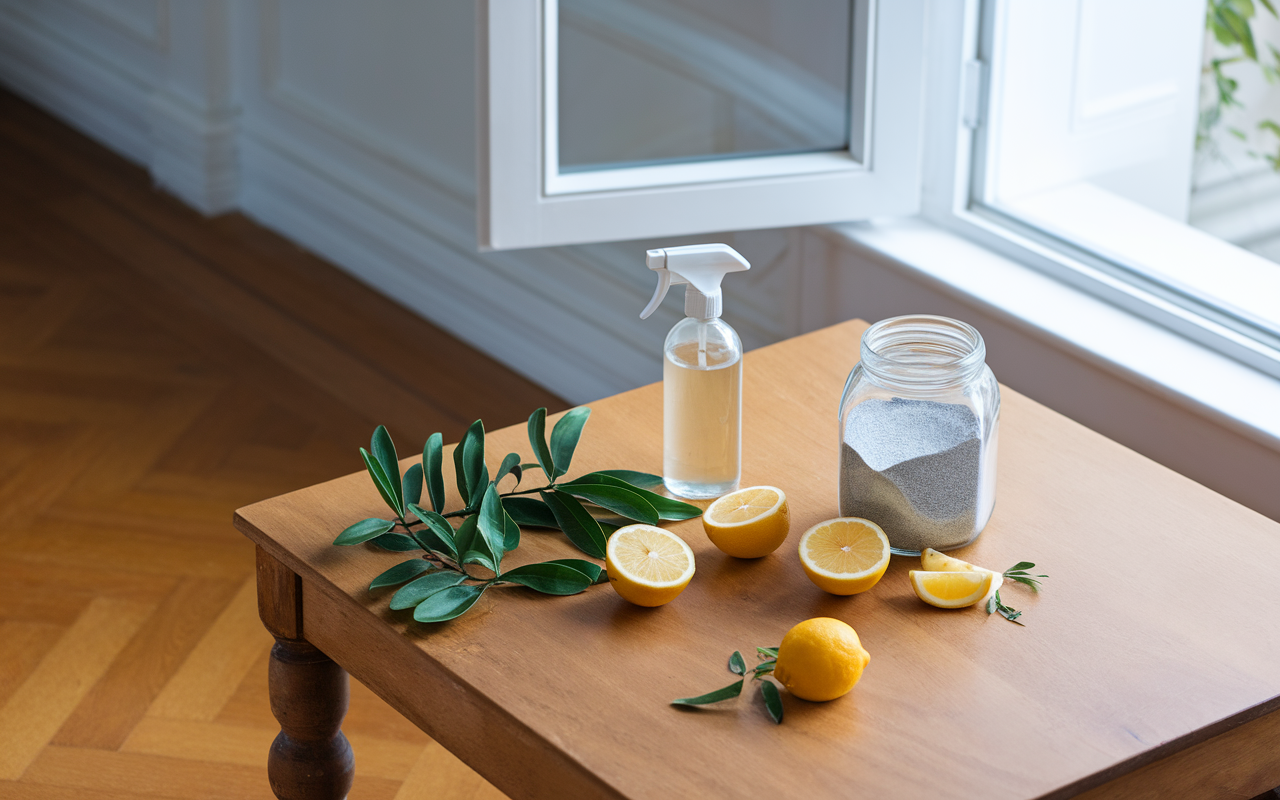 Intérieur lumineux avec produits naturels pour lutter contre les cafards dans la maison : vaporisateur, feuilles de laurier, citrons, bocal de terre de diatomée sur table en bois, symbolisant un environnement sain.