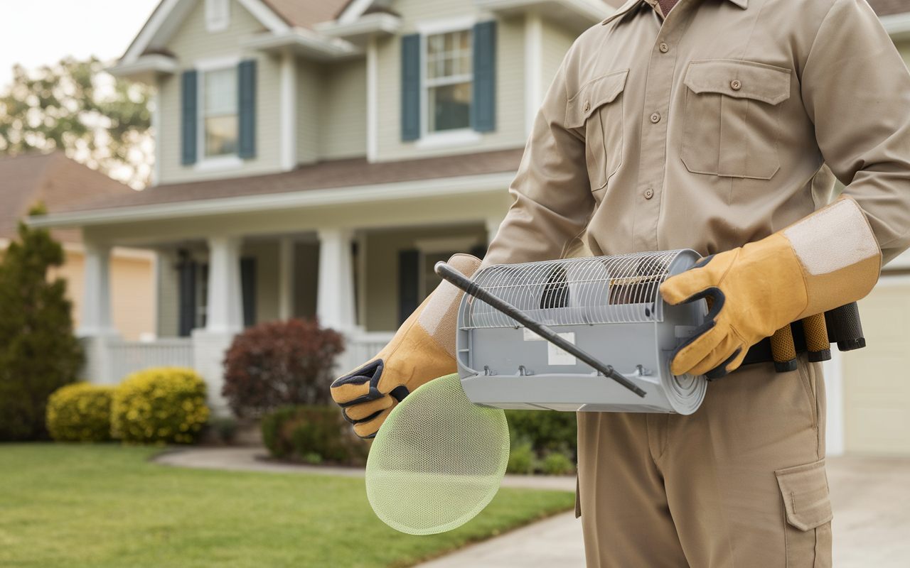 Professionnel de la dératisation avec piège à rats devant une maison, illustrant l'efficacité des services et influençant le prix de la dératisation.