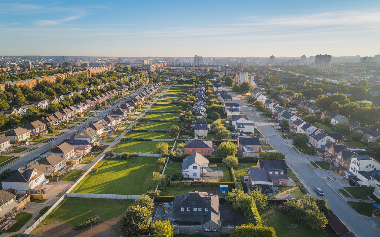 Vue aérienne d'un quartier urbain propre et bien organisé, soulignant l'impact de la dératisation efficace sur la propreté et la modernité, dératisation prix.