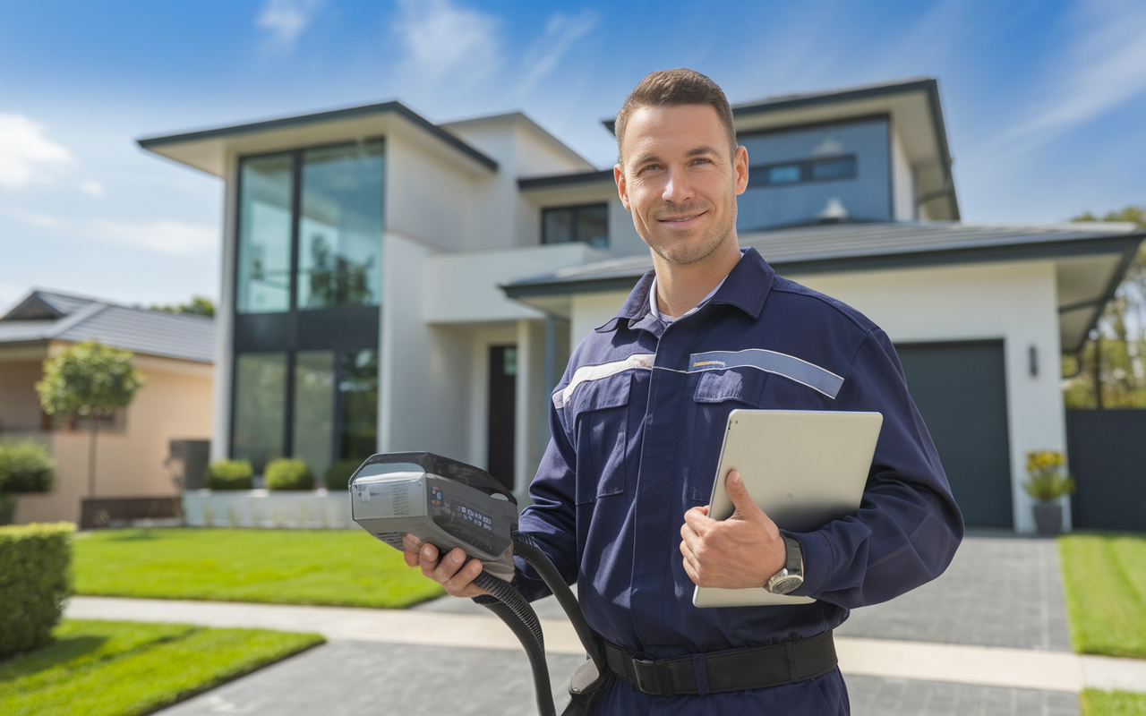 Dératiseur autour de moi : professionnel en uniforme avec tablette et équipements de dératisation devant une maison moderne, illustrant compétence et technologie avancée.