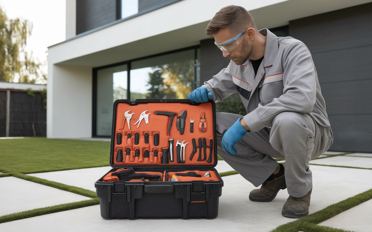 Deratiseur autour de moi inspectant une maison moderne, équipé d'une mallette avec outils de dératisation, incarnant vigilance et expertise.