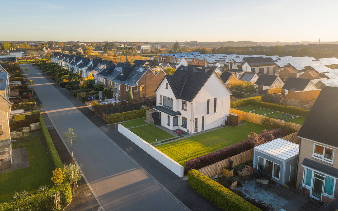 Vue aérienne d'un quartier moderne avec maisons soignées et jardins verdoyants en 2025, illustrant l'efficacité d'un service de deratiseur autour de moi.