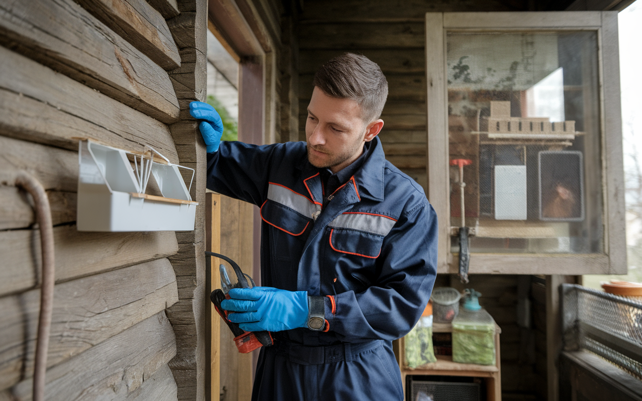 Dératiseur professionnel en combinaison de protection examinant une vieille maison en bois avec des outils de dératisation à l'arrière-plan.