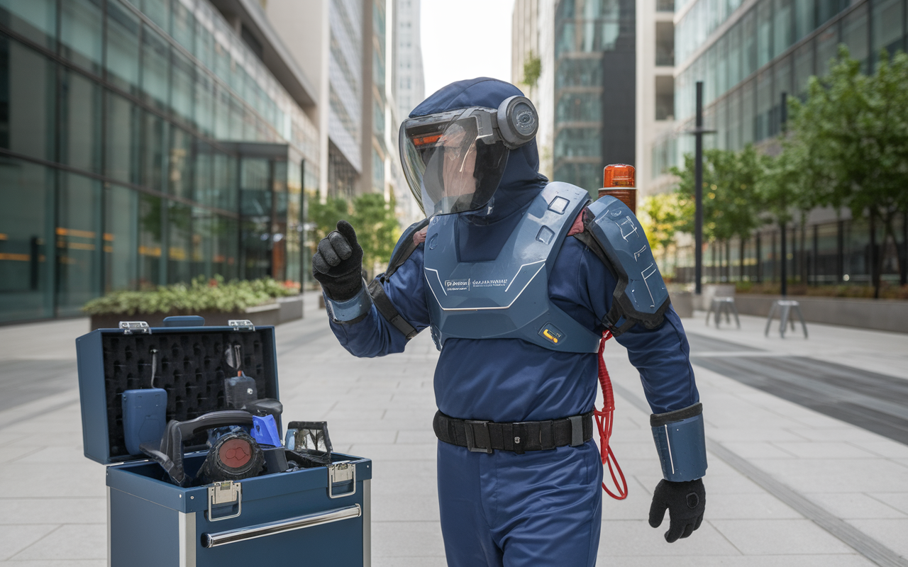 Dératiseur high-tech en action dans une ville moderne, montrant la technologie avancée et la fiabilité d'une dératisation professionnelle menant à une ville propre en 2025.