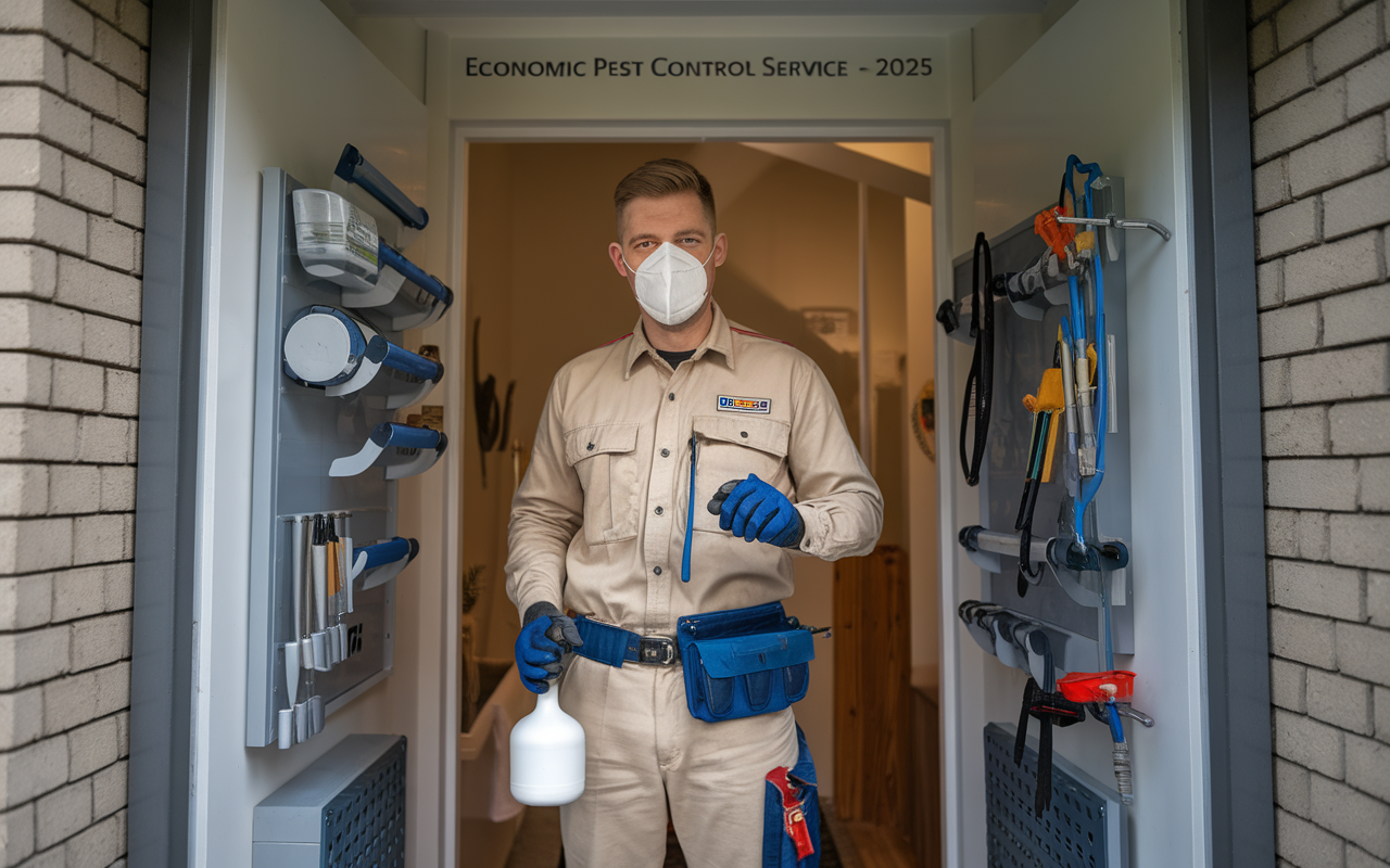 Dératiseur professionnel avec masque et produits anti-rongeurs à l'entrée d'une maison, entouré d'équipements modernes de contrôle des nuisibles, panneau