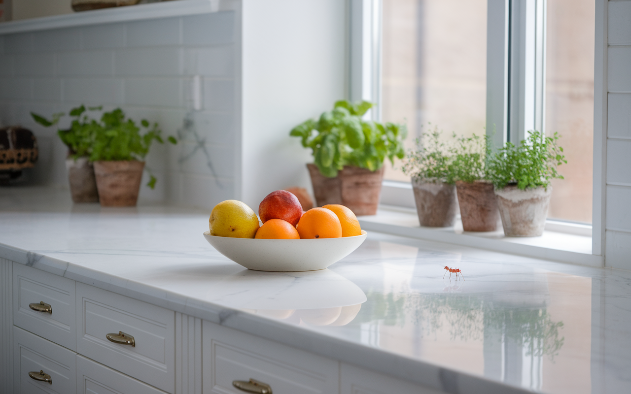 Cuisine moderne et immaculée avec bol de fruits sur comptoir en marbre et jardin d'herbes, illustrant la prévention contre les fourmis maison.