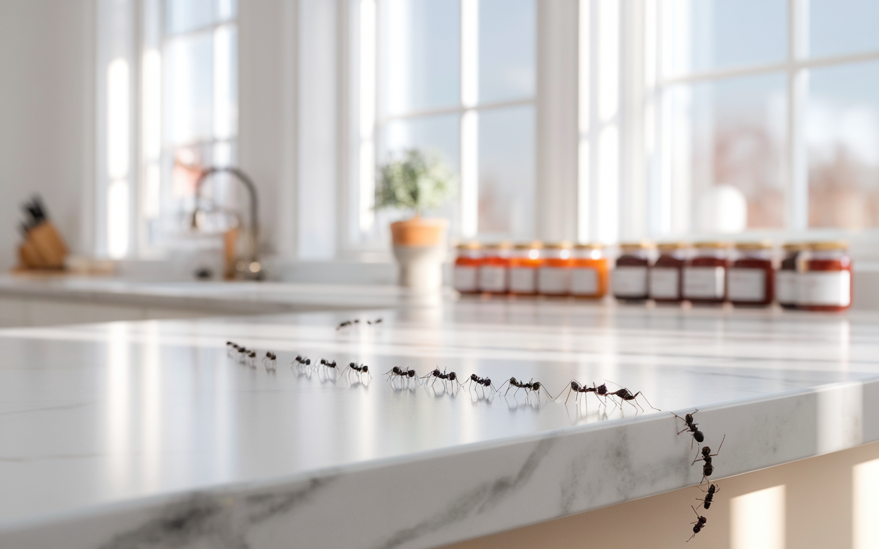 Fourmis maison sur comptoir en marbre d'une cuisine moderne, attirées par une miette près de bocaux hermétiques.