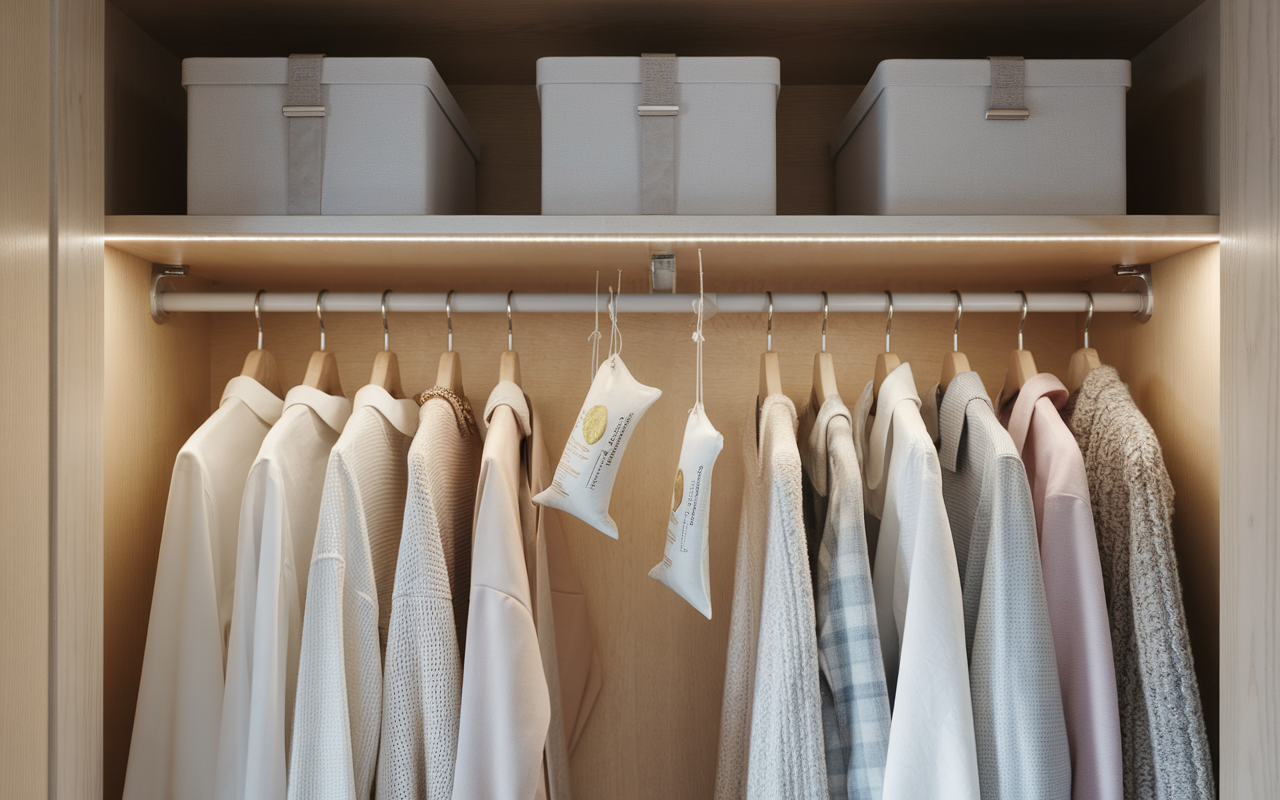 Placard moderne et lumineux avec vêtements soigneusement accrochés et sachets de répulsifs naturels visibles, protection efficace contre les mites vêtements.