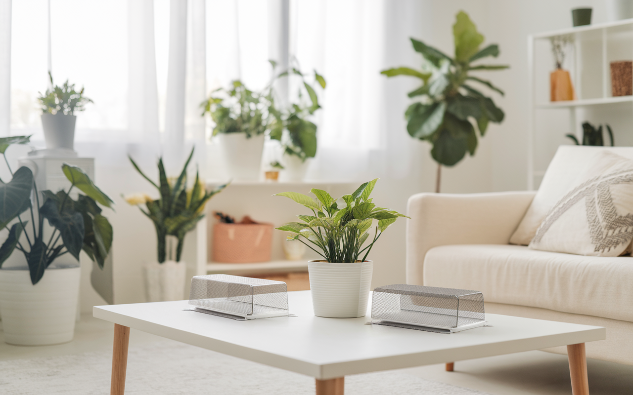 Salon minimaliste et lumineux avec plantes et décoration moderne, mettant en avant des pièges à cafard esthétiques pour une maison propre et saine.