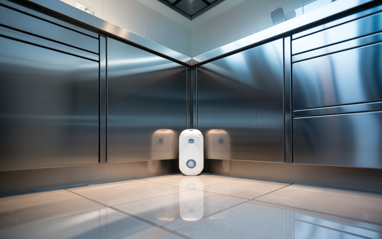 Plan rapproché d'un piège à cafard discret dans un coin d'une cuisine moderne immaculée aux surfaces en acier inoxydable et carrelage élégant.