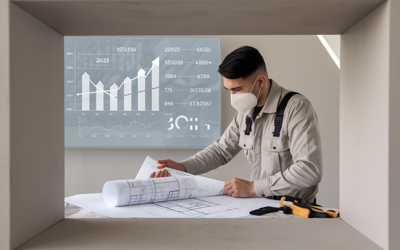 Professionnel de la dératisation examinant un plan de maison avec outils au sol et graphique des coûts sur un tableau, symbolisant l'analyse des prix deratisation en 2025.
