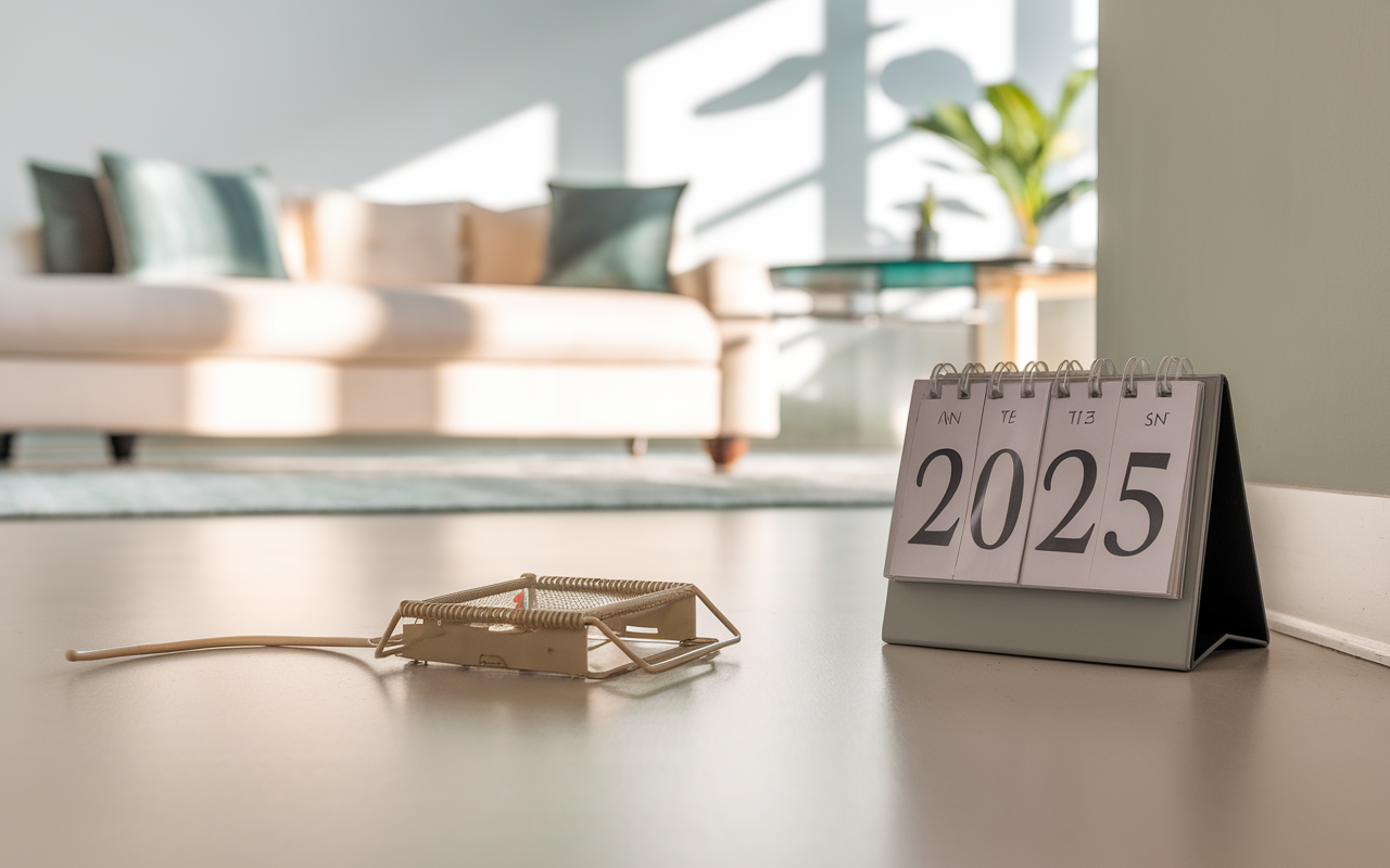 Salon moderne avec piège à rats discret près du mur, symbolisant la prévention des nuisibles ; contexte de 2025, mot-clé : prix pour deratisation, ambiance de nettoyage et santé.