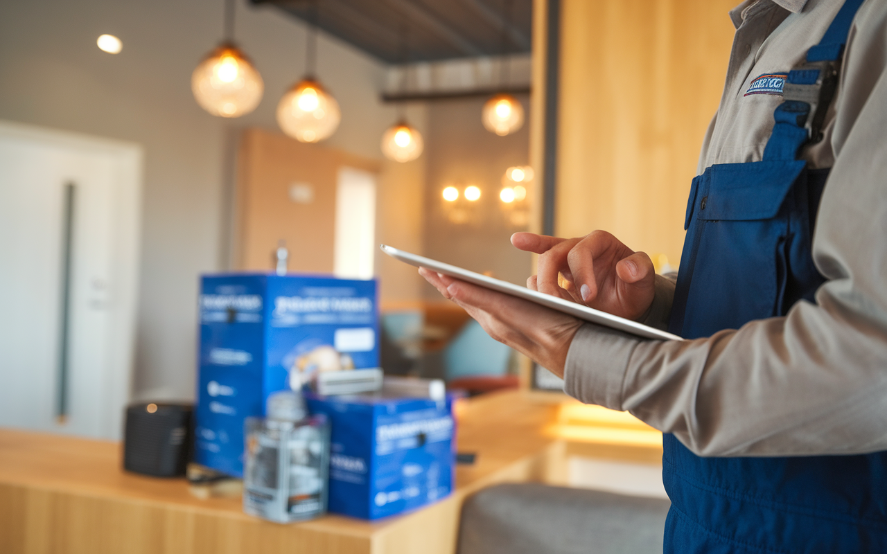 Professionnel en dératisation préparant une inspection dans un intérieur moderne, mise en valeur du sentiment de propreté et lien avec le prix pour deratisation.