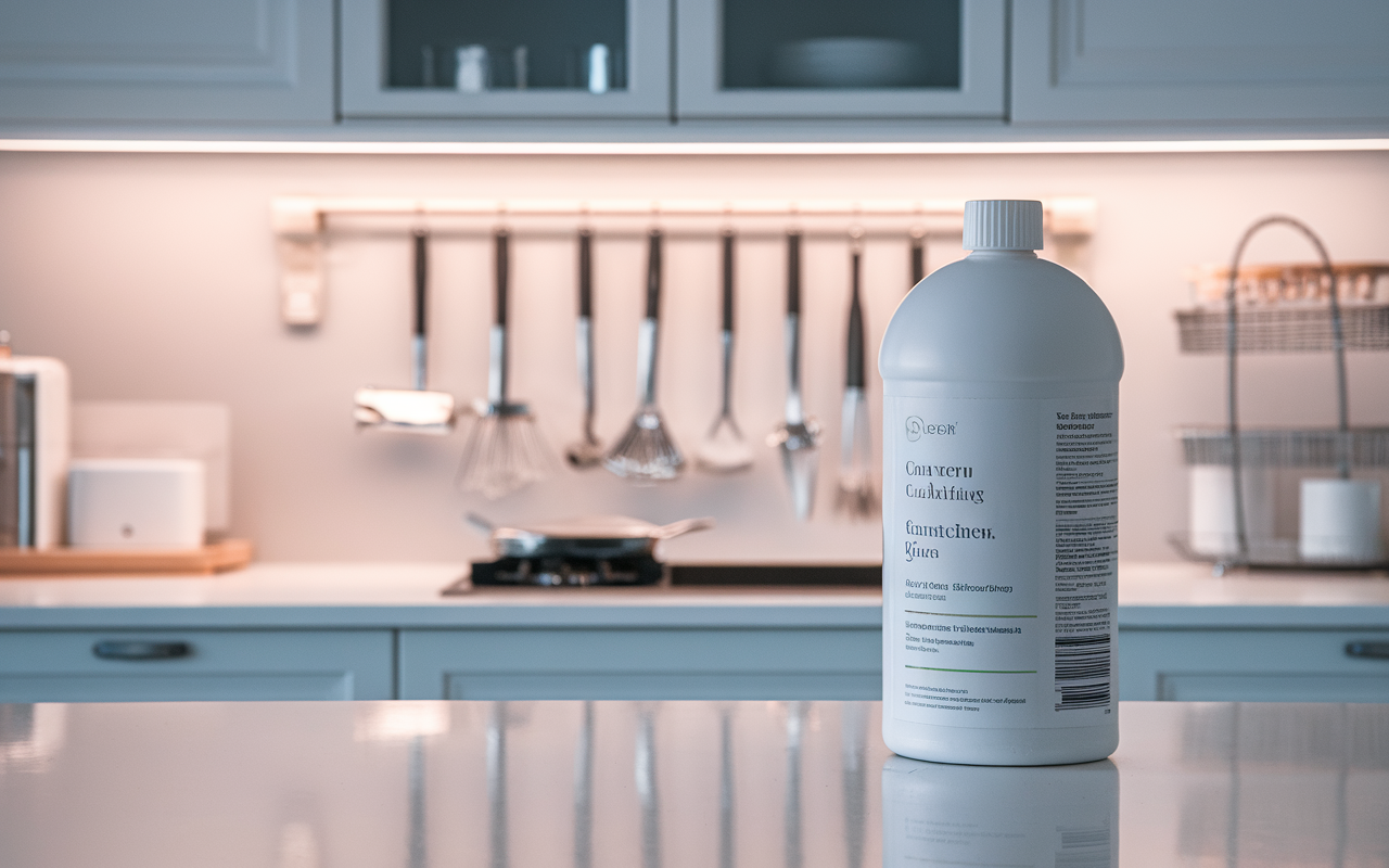 Flacon d'un produit anti cafards sur une surface de cuisine propre, évoquant une solution moderne et efficace pour l'élimination des nuisibles.