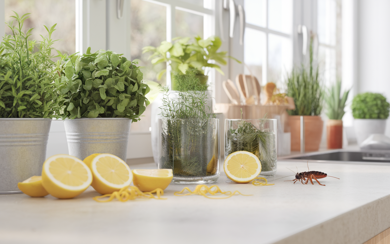 Intérieur de cuisine lumineuse et propre, soulignant un produit anti cafards naturel avec des plantes et agrumes.