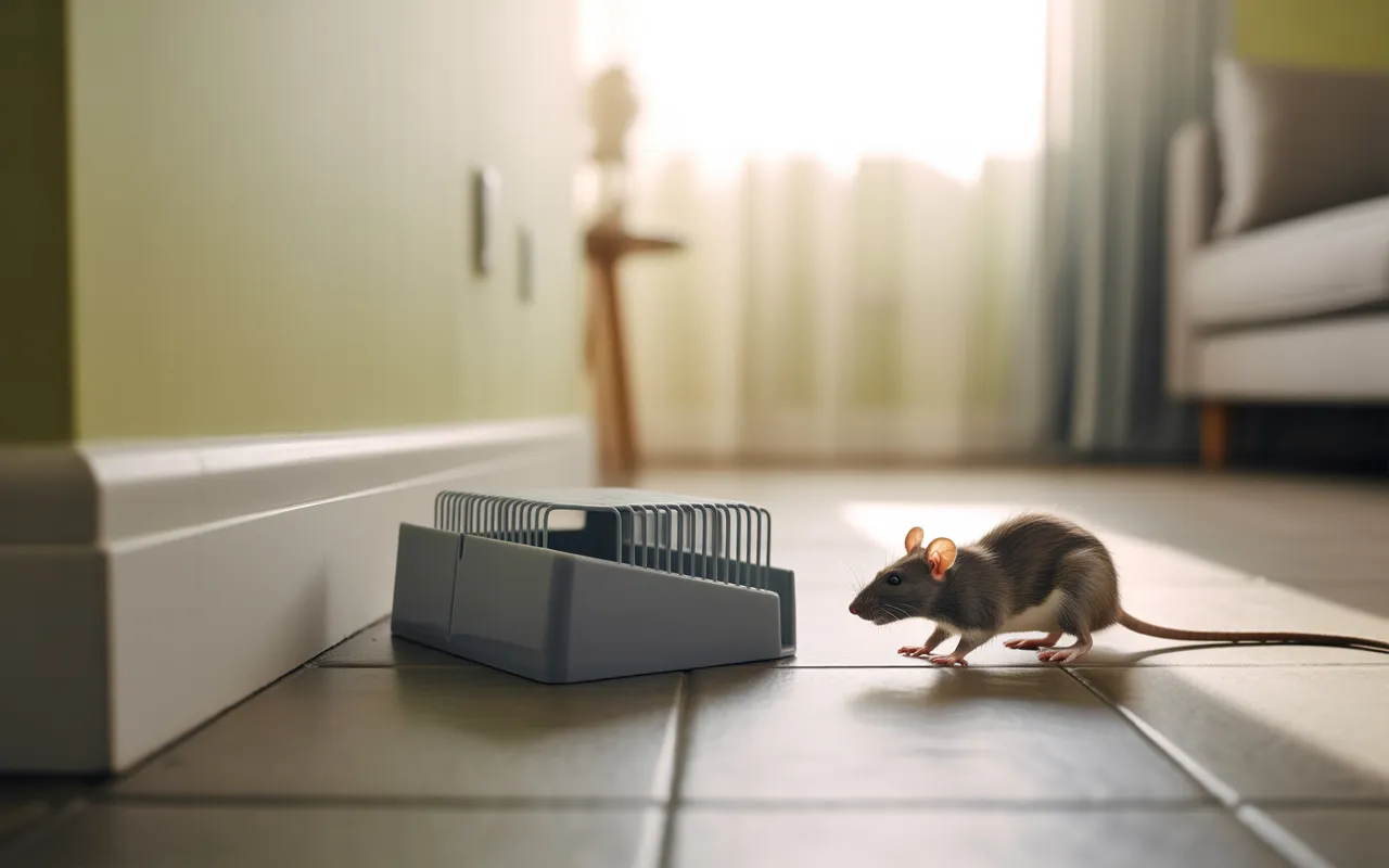 Scène de dératisation montrant un piège à rats moderne sur carrelage propre avec un rat réaliste s’en approchant, dans un intérieur domestique lumineux et minimaliste.