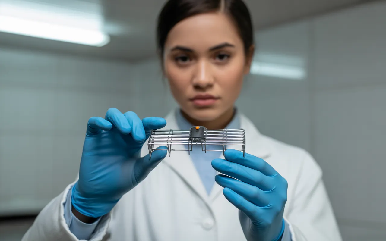 Professionnel de la dératisation inspectant un piège à rats moderne dans un environnement aseptisé, en gros plan, illustrant un contrôle sanitaire.