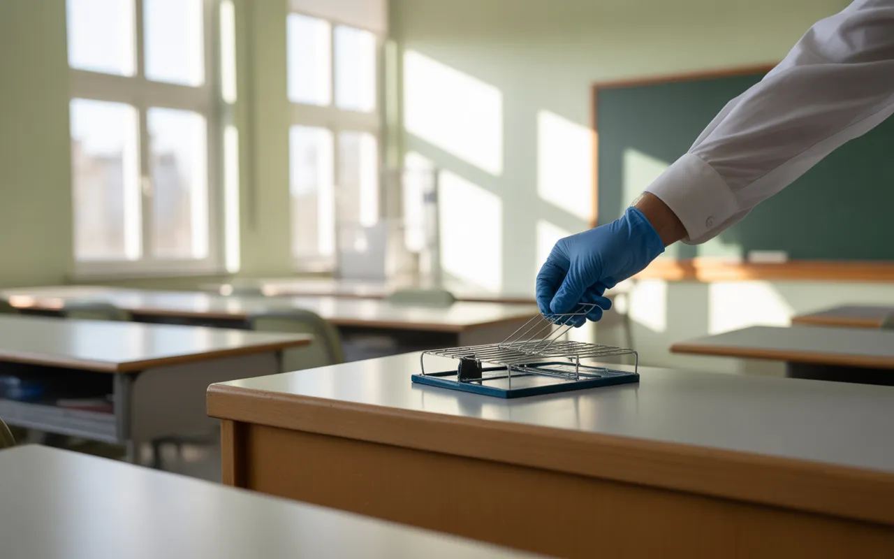 Main gantée d’un agent procédant à la dératisation dans une salle de classe, déposant un piège à rongeur professionnel près d’une armoire, environnement lumineux et rassurant, focus sur l’action de dératisation.