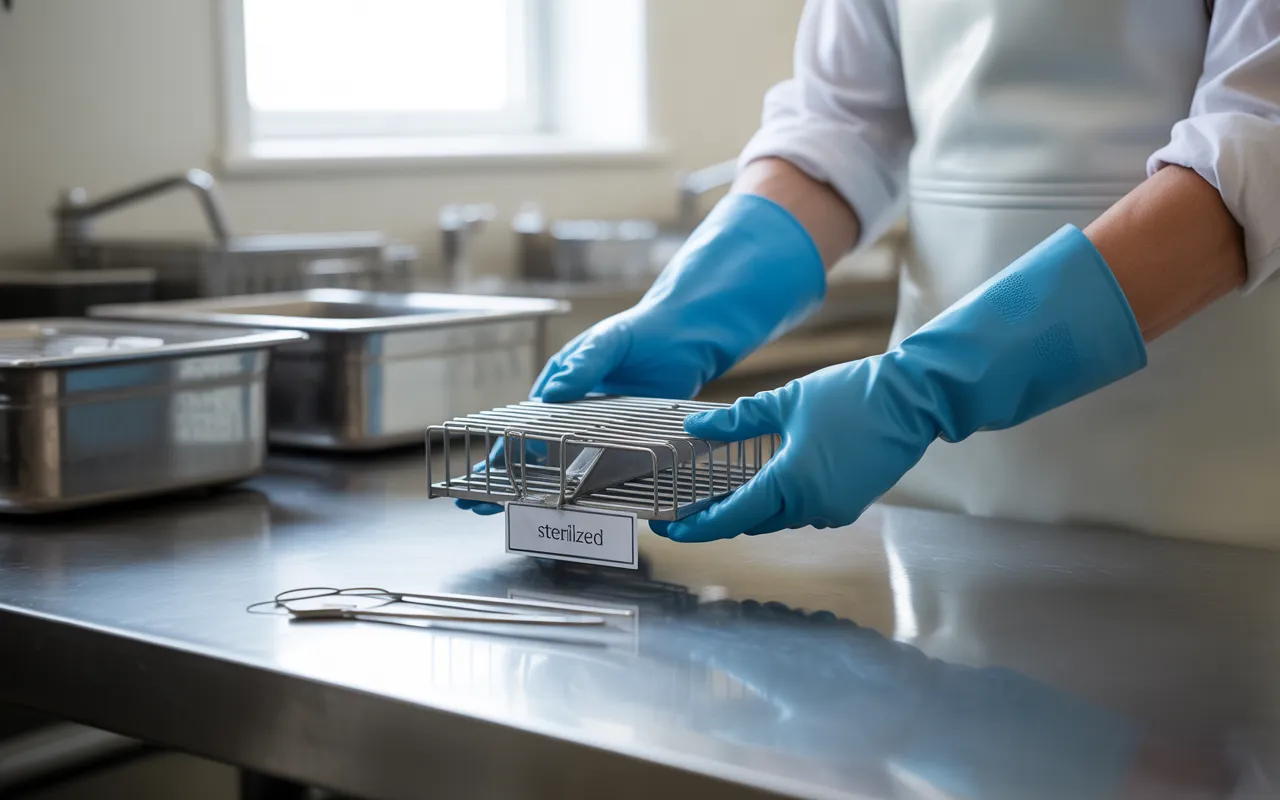 Dératisation : professionnel manipulant un piège à rats moderne et outils de désinfection sur table en inox, ambiance industrielle propre dans une usine agroalimentaire.