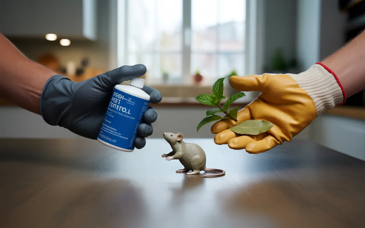 Deux mains gantées présentent des solutions de dératisation sur une table moderne : produit chimique et éléments naturels, avec une figurine de rat réaliste au centre, intérieur de maison clair et minimaliste, focus sur la prévention contre les rongeurs.