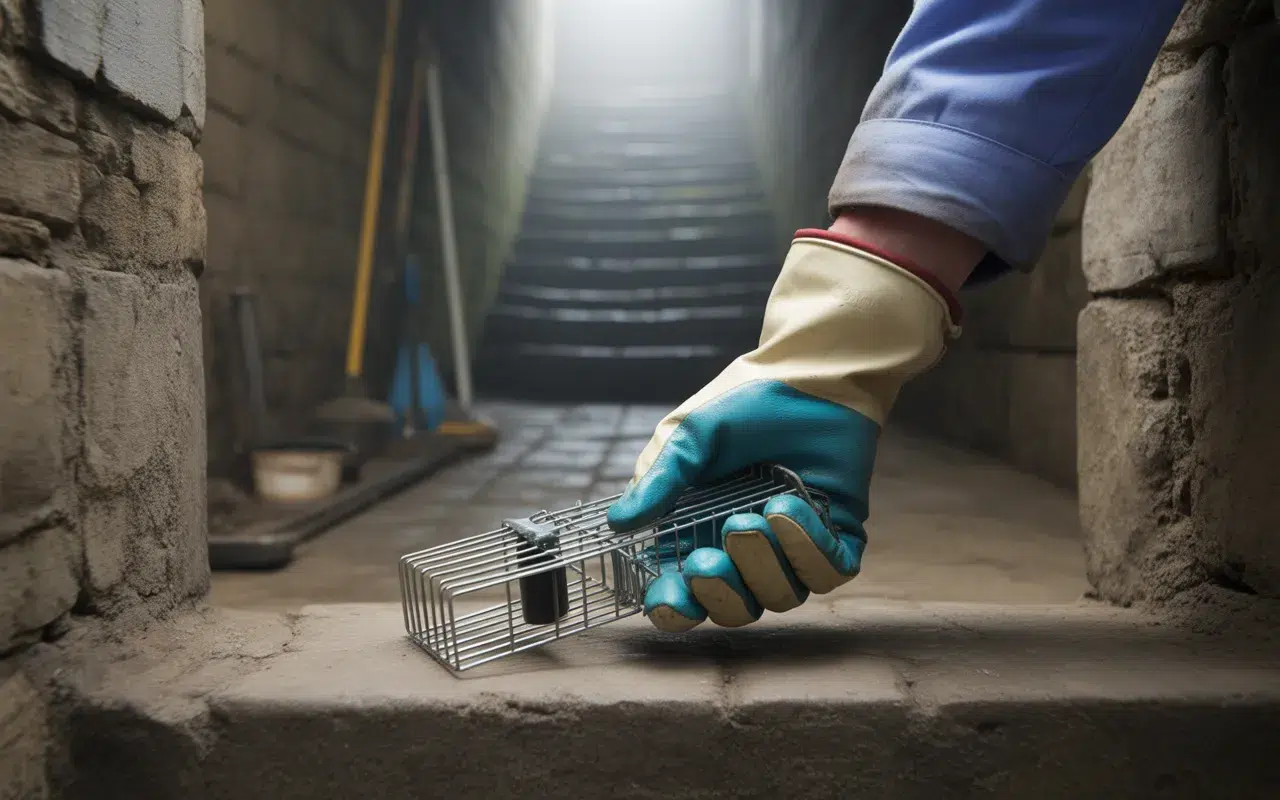 Main gantée tenant un piège à rats moderne devant l’entrée d’un sous-sol en pierre, contexte de dératisation dans un environnement humide et légèrement délabré.