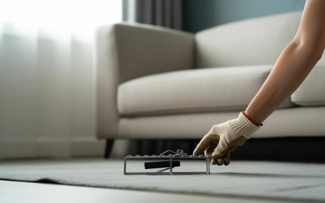 Main gantée plaçant un piège à rats discret sous un meuble moderne dans un salon lumineux, illustrant une méthode professionnelle de dératisation préventive.