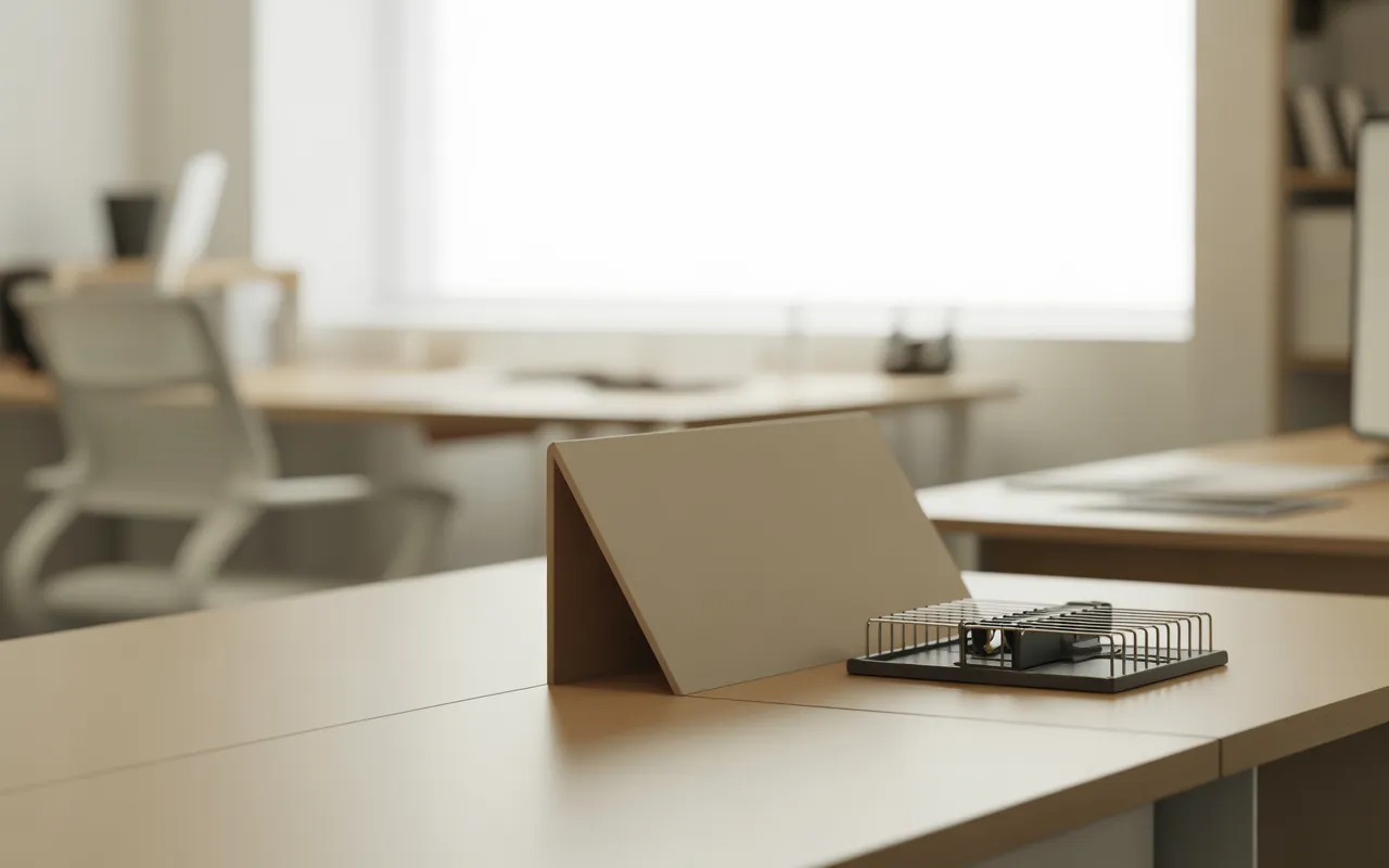 Bureau d’entreprise moderne et lumineux avec trappe anti-nuisibles et piège professionnel sur un bureau en bois clair, illustrant une solution de dératisation professionnelle, hygiénique et discrète.