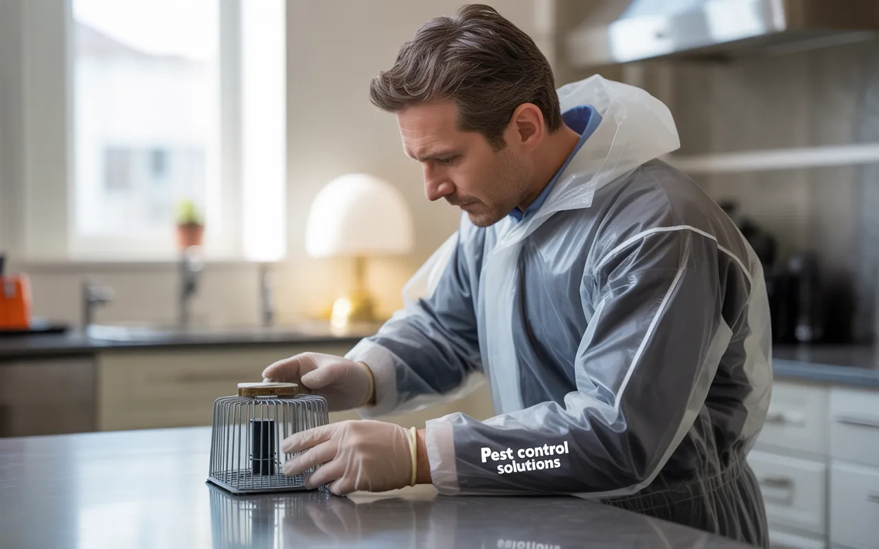 Professionnel de la dératisation installant un piège à rongeurs dans un salon moderne et propre, équipement spécialisé et gestes précis, ambiance rassurante et environnement domestique lumineux.