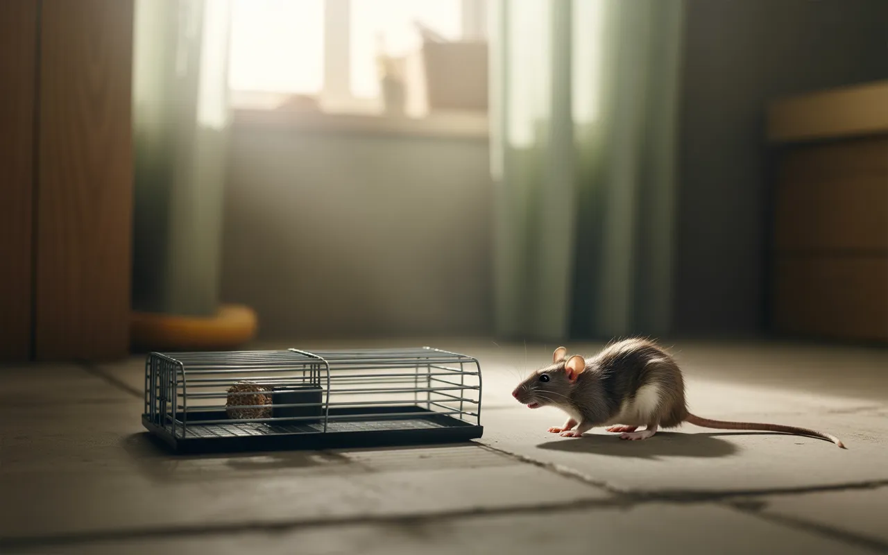 Piège à rats moderne sur sol de cave en béton propre, rat brun s'approchant, focus sur le dispositif, illustration réaliste du processus de dératisation.