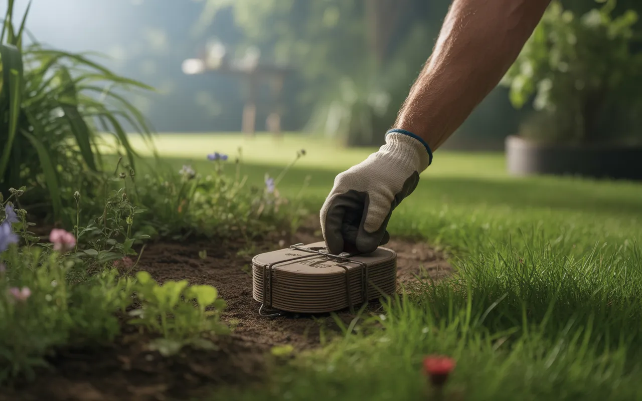 Main gantée plaçant un piège à rongeurs discret près d’une bordure végétale dans un espace vert, illustrant la dératisation extérieure avec herbe courte, feuillage flou et ambiance naturelle.