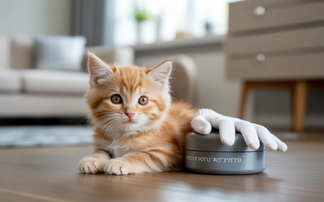 Petit chien ou chat allongé près d’accessoires de dératisation modernes sur un sol en intérieur, ambiance rassurante et maison propre, dératisation.