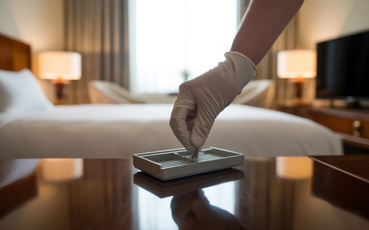 Main gantée posant une station de piégeage discrète derrière un meuble d’hôtel élégant, illustrant la dératisation professionnelle dans une chambre d’hôtel propre et raffinée.