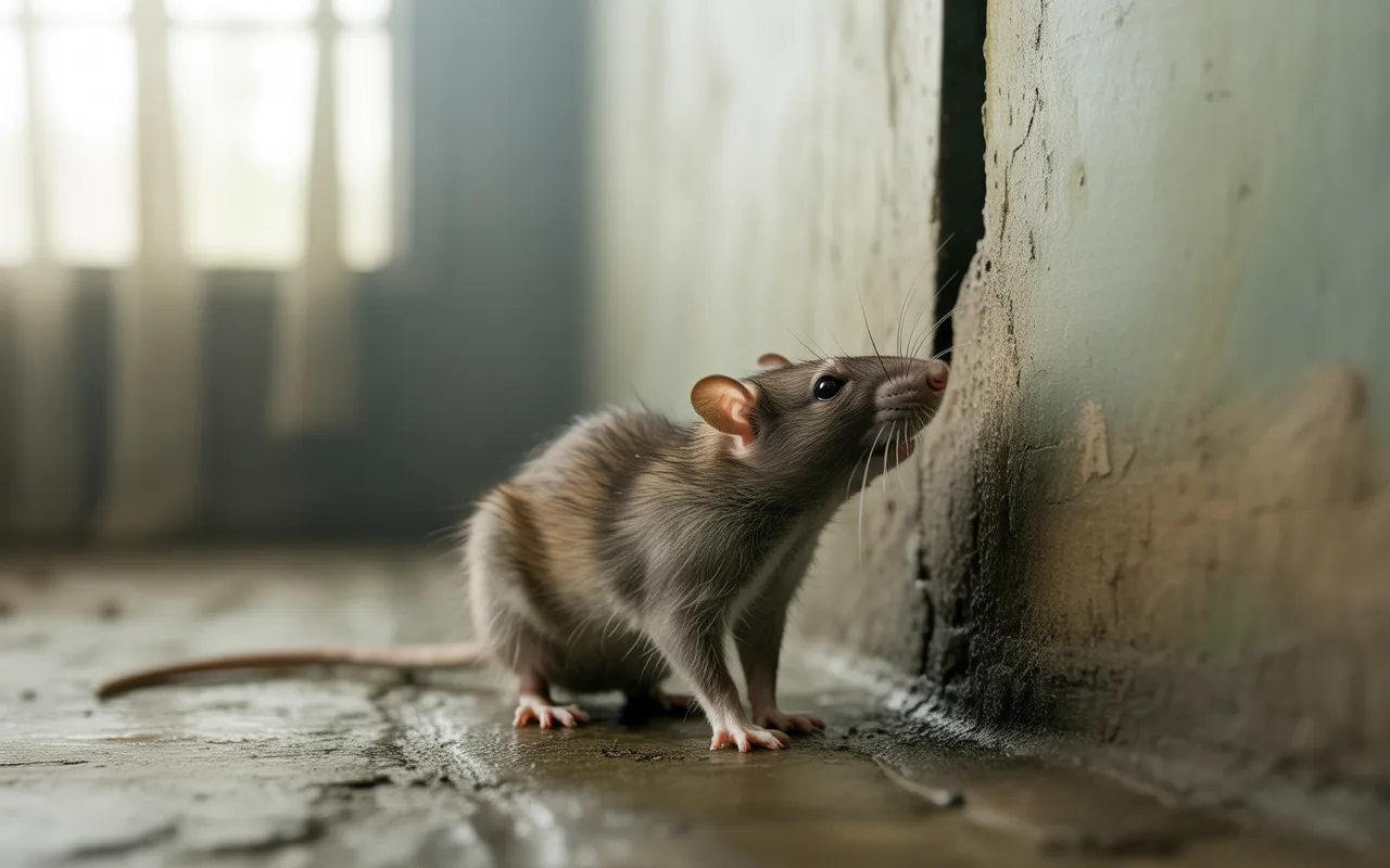Petit rat brun reniflant une fissure dans un coin de mur intérieur humide et moisi, contexte idéal pour illustrer la dératisation domestique.
