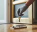 Main gantée tenant une clé devant une porte d’entrée moderne, avec un piège à rats discret sur le seuil, illustrant un service professionnel de dératisation dans un appartement.