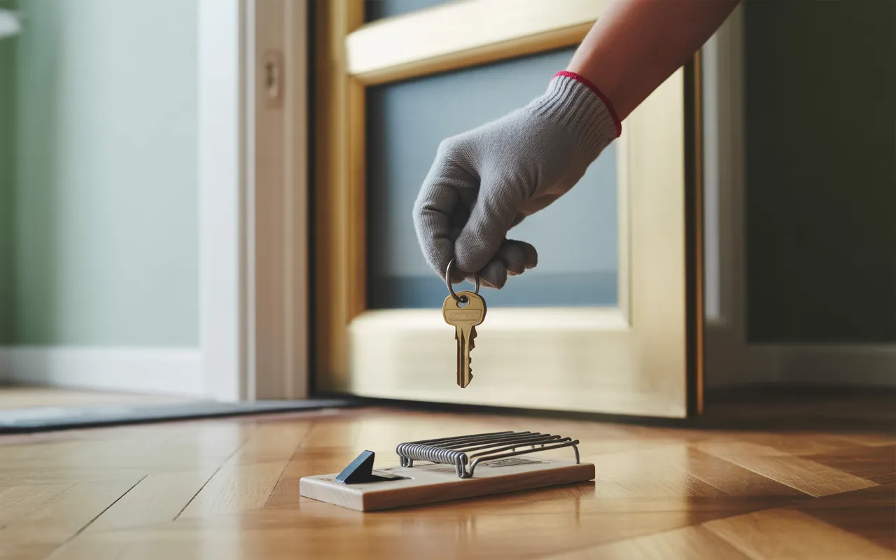 Main gantée tenant une clé devant une porte d’entrée moderne, avec un piège à rats discret sur le seuil, illustrant un service professionnel de dératisation dans un appartement.