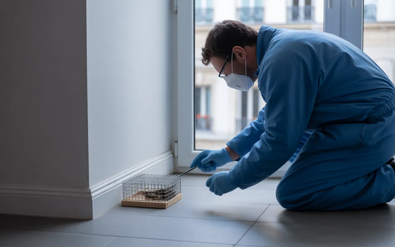 Professionnel de la dératisation inspectant un piège à rats dans un appartement parisien moderne, mettant en avant prévention et propreté.