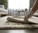 Main gantée soulevant un coin de tapis moderne révélant des indices de présence de rats, illustration de situation nécessitant une dératisation dans un salon contemporain, lumière naturelle et ambiance rassurante.