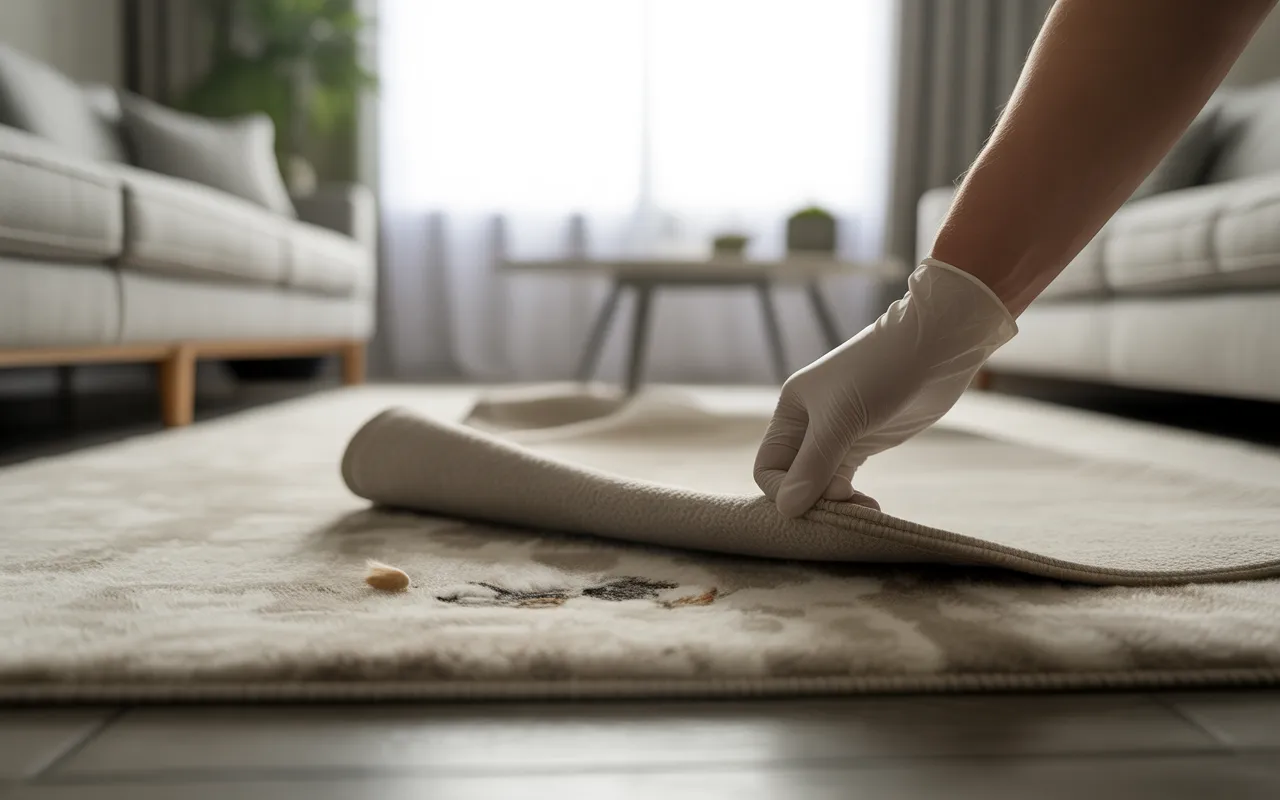 Main gantée soulevant un coin de tapis moderne révélant des indices de présence de rats, illustration de situation nécessitant une dératisation dans un salon contemporain, lumière naturelle et ambiance rassurante.