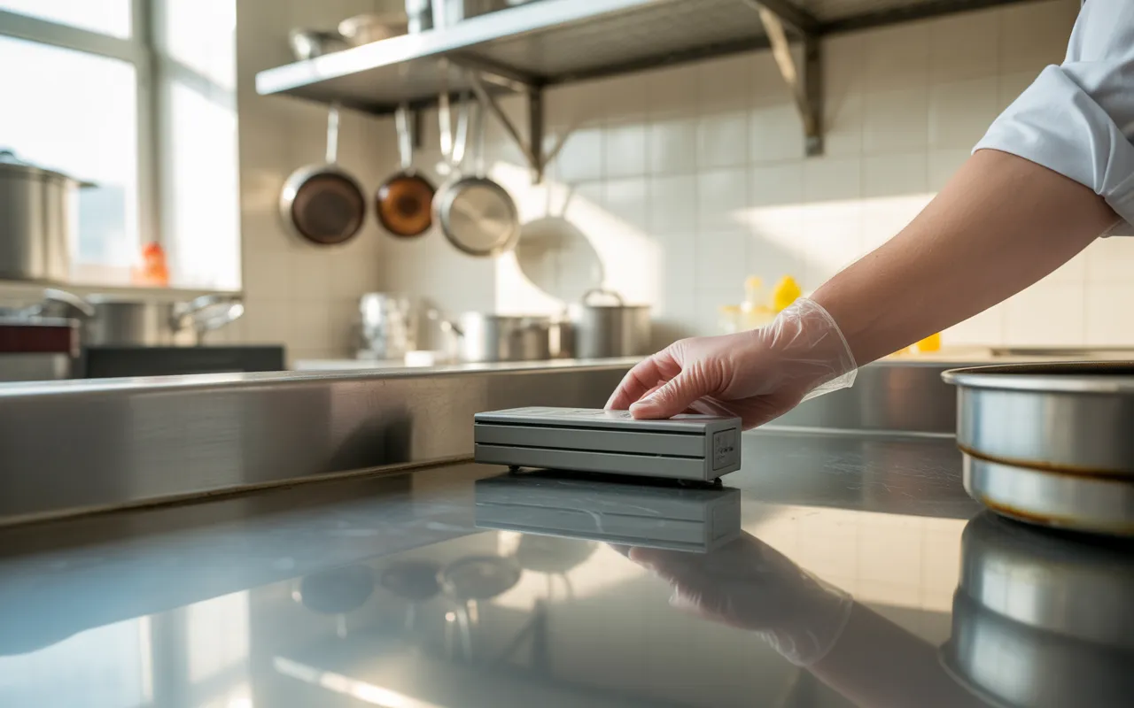 Main gantée plaçant discrètement un dispositif de dératisation moderne sous un meuble dans une cuisine professionnelle propre aux surfaces métalliques étincelantes.