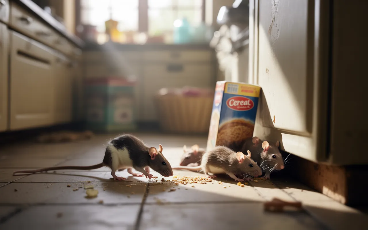 Famille de rats bruns dans une cuisine en désordre, signes d’infestation visibles au sol, illustrant l’importance de la dératisation.