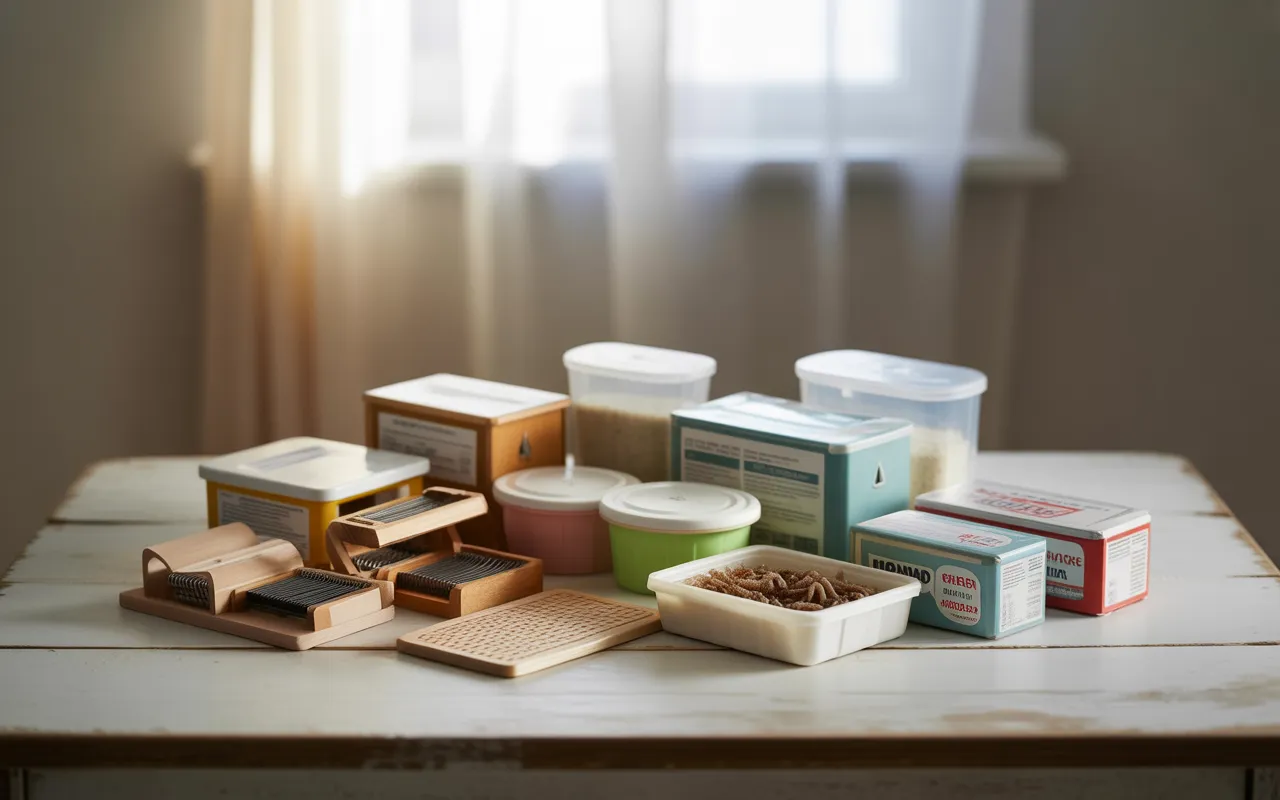 Produits de dératisation variés, pièges à souris, appâts et boîtes sécurisées organisés sur une table en bois claire, bien éclairés et présentés dans un environnement propre et minimaliste.