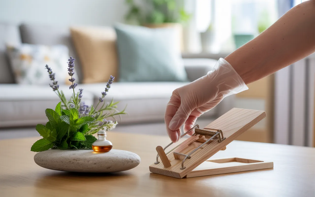 Dératisation écologique à domicile : main gantée posant un piège en bois près d’une boîte à souris naturelle, bouquet de menthe, lavande et huiles essentielles sur parquet de salon.