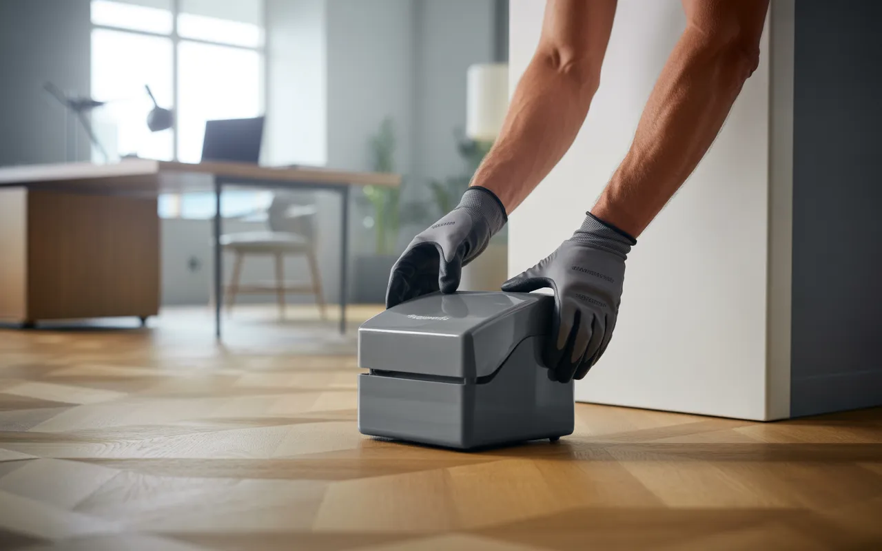 Mains gantées d’un professionnel plaçant une boîte de dératisation discrète dans le coin d’un bureau propre, solution efficace contre les nuisibles en milieu professionnel.