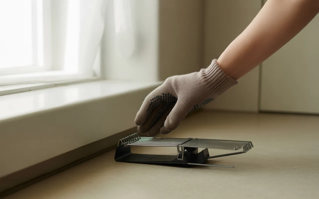 Main gantée posant un piège à rats dans une cuisine pour la dératisation, image photo-réaliste avec éclairage naturel et décor minimaliste.