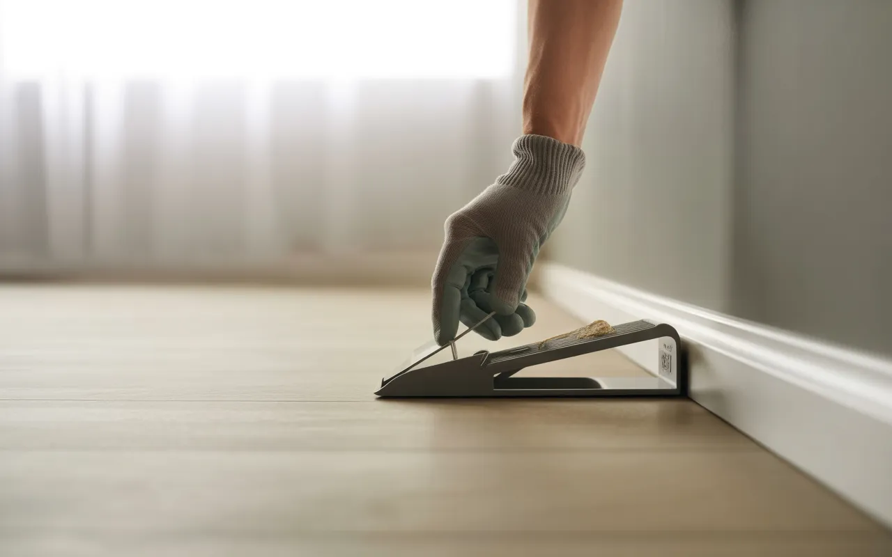 Main gantée plaçant un piège à souris moderne pour la dératisation dans une maison propre, ambiance rassurante et sécurisée.