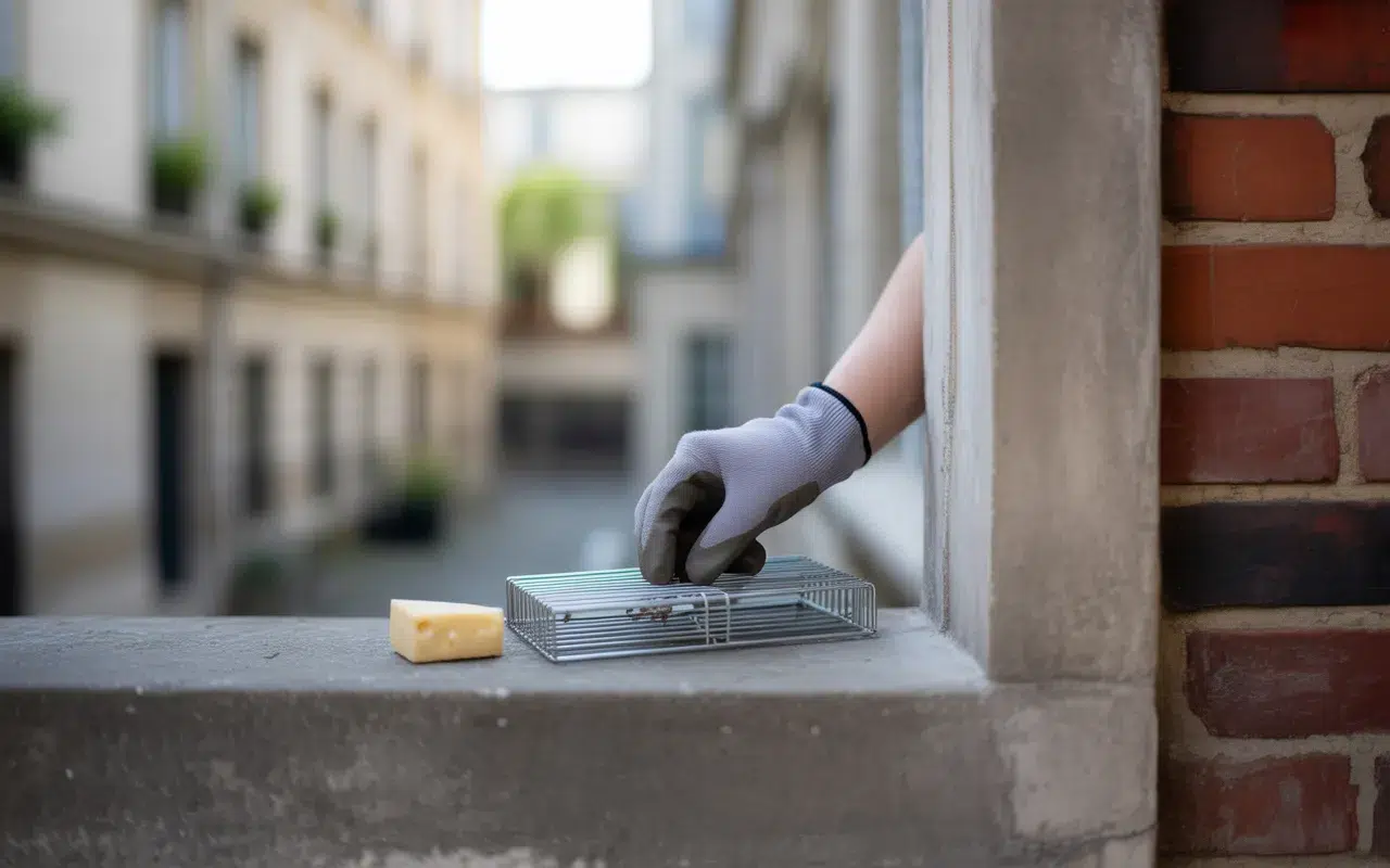 Main gantée posant un piège à rats moderne avec appât près d’un mur parisien en pierre, lumière naturelle, scène illustrant la dératisation professionnelle en environnement urbain.