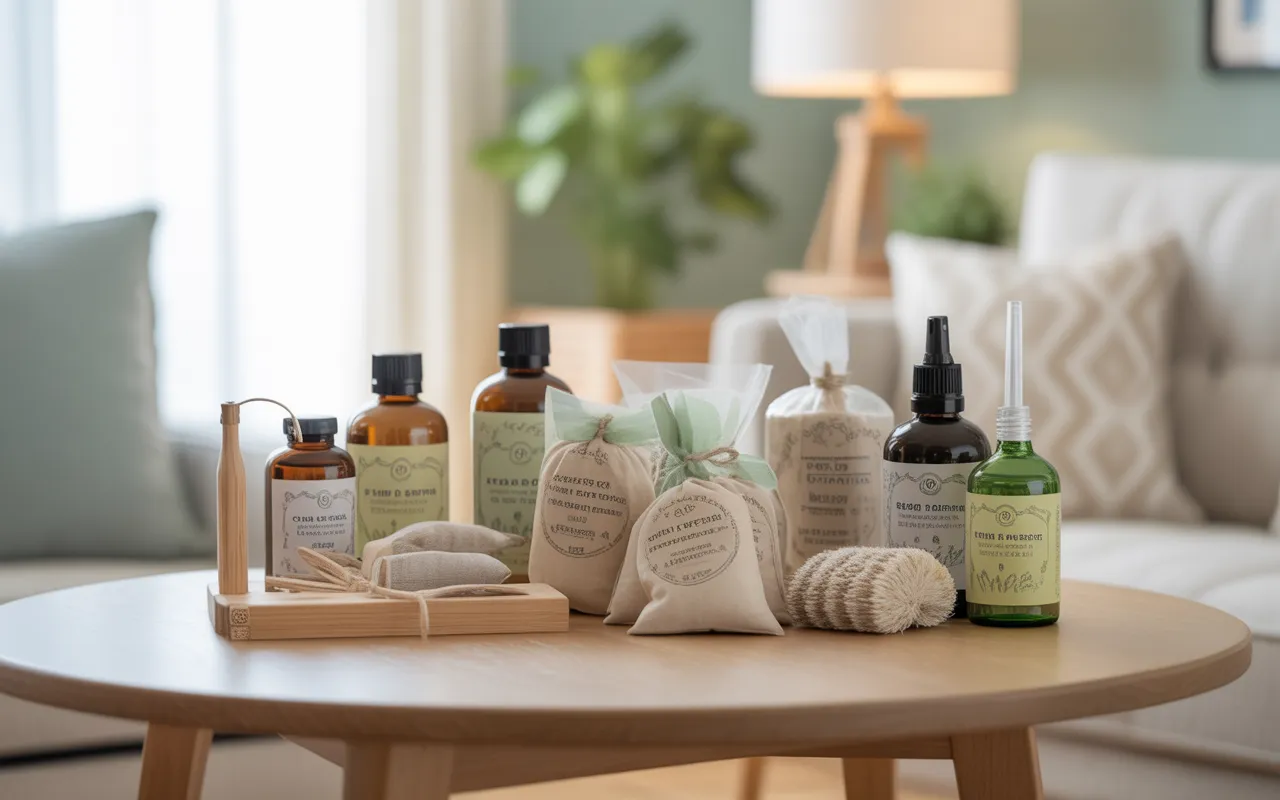 Produits de dératisation écologiques et certifiés, incluant pièges et flacons sans danger, soigneusement posés sur une table en bois dans un intérieur lumineux, ambiance saine et propre.